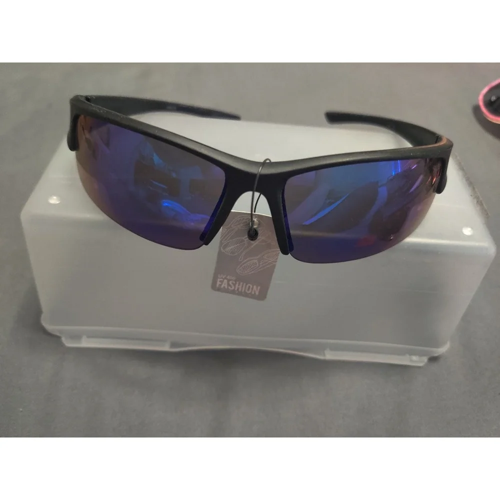Mens Sport Wrap Sunglasses Matte Black Blue Mirrored Lens UV400 Athletic Shades
